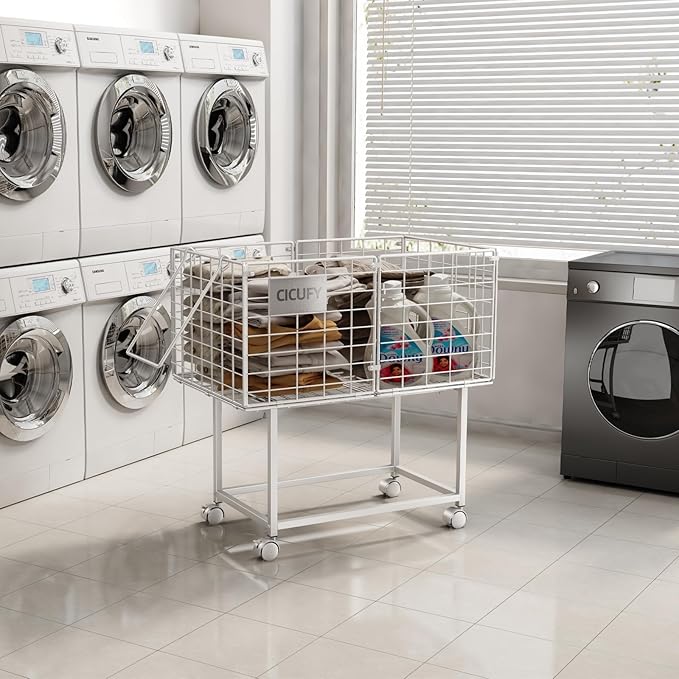 CICUFY Rolling Laundry Cart, 80L Wire Laundry Hamper Basket on Wheels, Dirty Clothes Basket with Handle, Metal Clothes Hamper Organizer for Laundry Room, Bathroom, Bedroom, Dorm, White