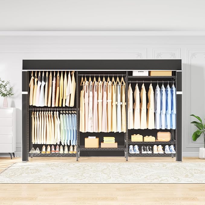 Ulif E13C Pro Heavy Duty Closet Organizer System,Freestanding Clothing Racks for Hanging Clothes,Adjustable Garment Rack 75" W x16 D x77 H Hold 1000lbs,Black Rack with Black Dustproof Cover