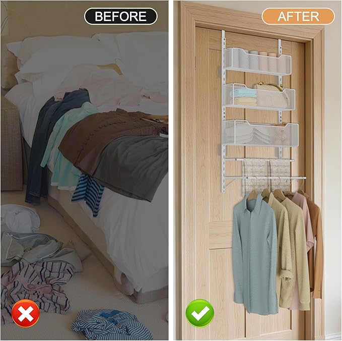 VyGrow Over the Door Storage Organizer with 3 Tier Mesh Baskets 2 Hanging Rods, 2 Mounting Options, Heavy Duty Clothes Hanger & Towel Rack for Bathroom Bedroom Office, White