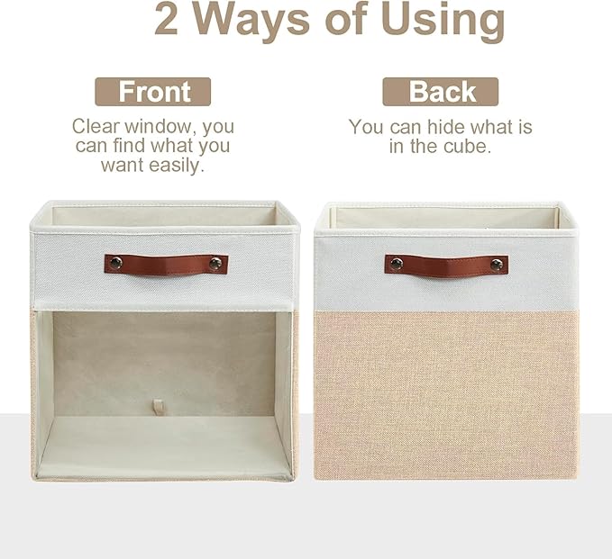 Bagnizer Storage Cubes, 4 Pack Linen Foldable Storage Bins with Clear Window and 2 Handles, 13x15x13 Storage Cube Bins for Shelf Closet, Kallax, Clothes, Books - (Beige and White)
