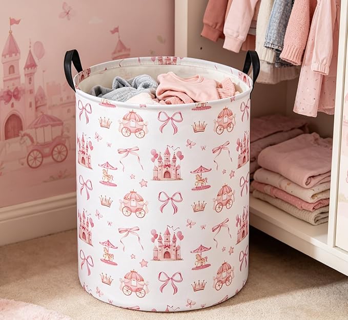 Essme Kids Laundry Basket,Castle Hamper Waterproof Storage Bin for Girls, Pink Hamper,Gift Baskets(Castle)