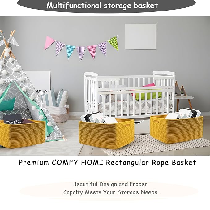 COMFY-HOMI Cotton Rope Woven Basket with Handles for Shelves,Toys,Book, Cloth Storage Baskets for Organizing-17" x 13" x 7.5" Toy Decorative Organizer for Living Room, Bathroom (Yellow)