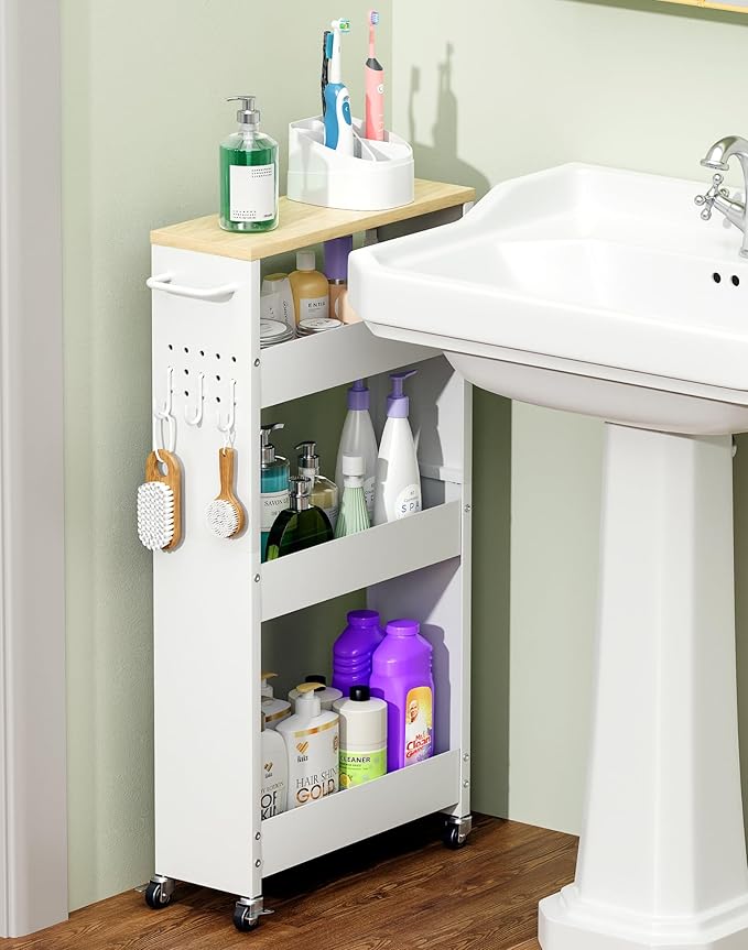 OKZEST Utility Slim Storage Cart, 4-Tier Narrow Laundry Room Bathroom Organizers and Storage Cart, Metal Pantry Kitchen Organization Shelf with Wood Top, Slim Rolling Rack with Wheels for Small Space