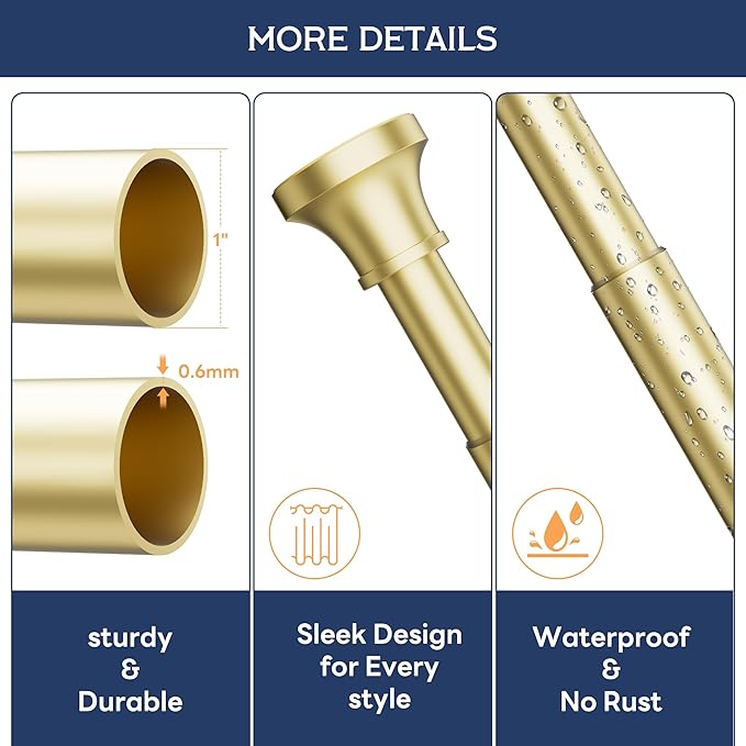 STARLATTA Adjustable Shower Curtain Rod 31-104 Inch, Never Rust Stainless Steel Gold Tension Rod, 1" Heavy Duty No-Drill for Bathroom, Kitchen & Closet