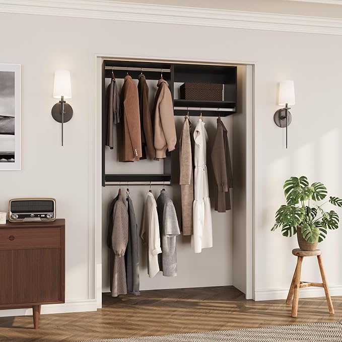 ROOMTEC Modular Closet System, 55" Wall-Mounted Closet Organizer with Hanging Rods, Wooden Tower for Walk-In Closets, Wardrobe Storage Kit, Black