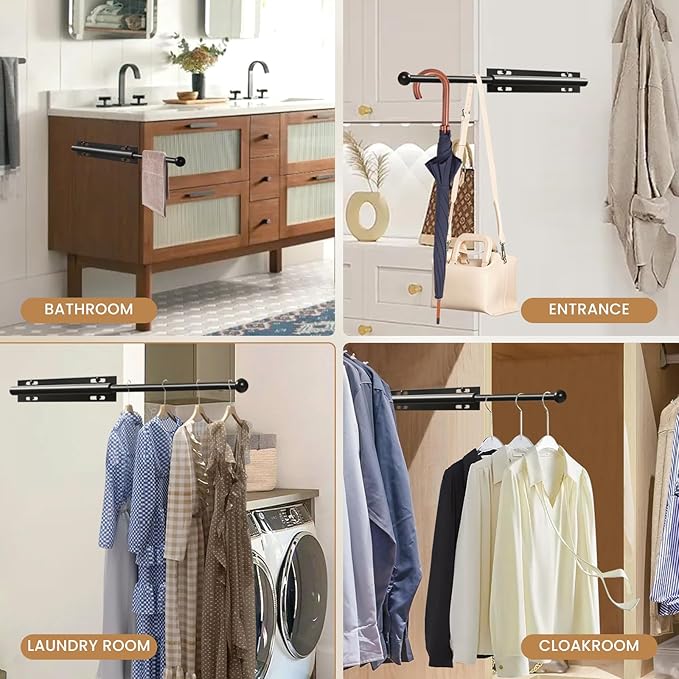 Luvenia Valet Rod,Adjustable Closet Rod,16in Heavy Duty Stainless Steel Closet Rods For Hanging Clothes,Valet Rod For Closet Pull Out For Closet, Laundry Room, Bedroom, Bathroom(Black)