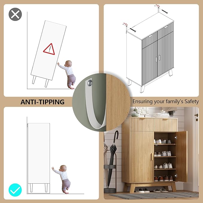 HUANLEGO Shoe Cabinet Storage for Entryway, 4 Tier Fluted Shoe Storage Cabinet with 2 Drawers, Narrow Hidden Shoe Organizer with Adjustable Shelves, Freestanding Shoe Rack for Entryway, Hallway, Oak