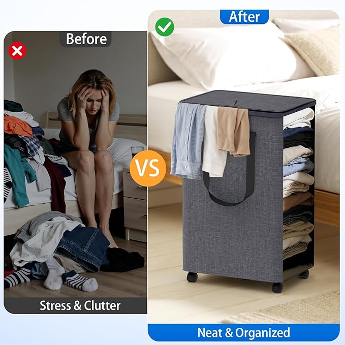 Laundry Basket with 5 Wheels, Tall Dirty Laundry Hamper, Rolling Laundry Basket with Lid, Large 100L Collapsible Clothes Hamper for Laundry Room Bedroom Bathroom Dorm, Light Gray