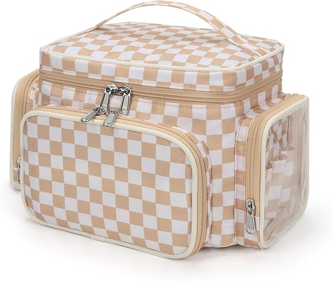 Bagmoly Large Makeup Bag, Portable Travel Makeup Bag Organizer for Women Girls with Makeup Brush Compartment & Two Side Pockets, Cosmetic Travel Bag Vertical Storage Toiletry- Checkerboard