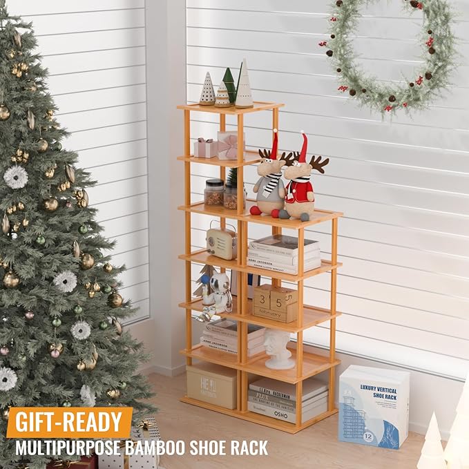 MHXW SXPN Bamboo Free Standing Shoe Rack Shelf Multi Tier Tall Wooden Stackable Shoes Rack Organizer for Closet Front Door Entrance Narrow Vertical Shoe Storage (Nature, 12 Tiers)