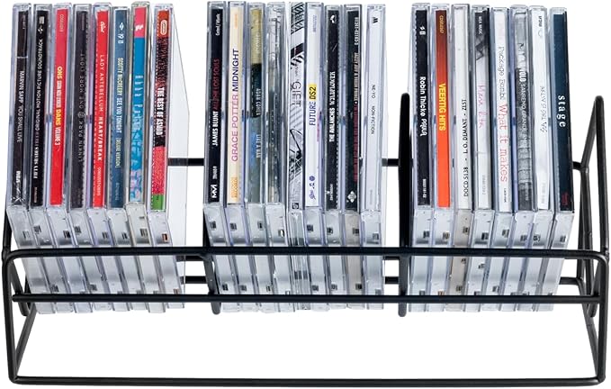 MyGift 3 Slot CD Holder Storage Stand, Video Game DVD Media Organizer Rack, Tabletop Compact Disc Shelf, CD Tower Holds 30 Jewel Cases, Modern Matte Black Metal Wire
