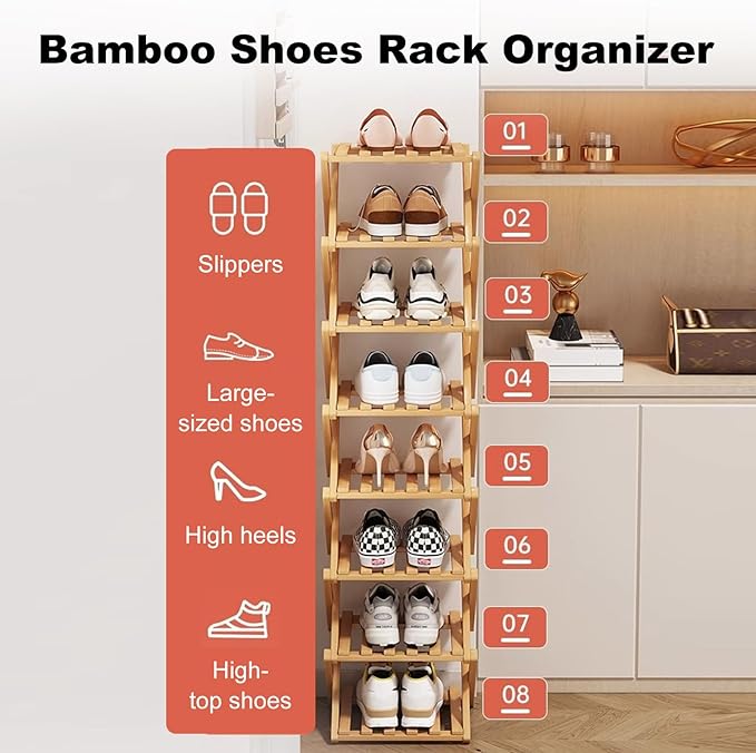 8 Tier Natural Bamboo Shoe Rack,Foldable Space Saving Shoe Storage Organizer,Easy Assembly & Strong Design Shoes Stand Shelf Organiser for Closet (Primary Color, Eight Layers)