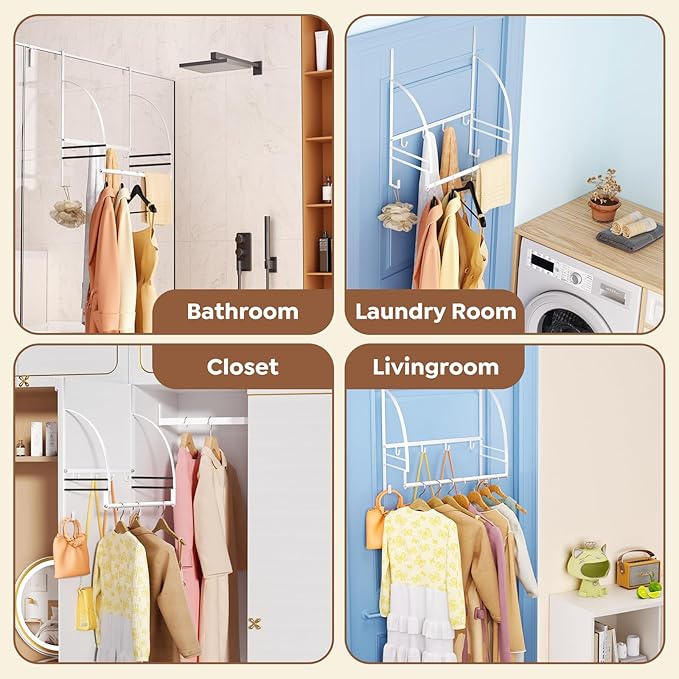 Kaiferty Over The Door Clothes Hanger Drying Rack, Over Door Drying Rack Hooks for Hanging Towels, Coats & Clothes, Door Hanger Organizer Storage for Bathroom Bedroom Laundry Dorms Washroom (White)