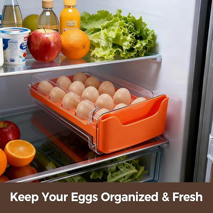 Egg-Holder for Fridge, 18-Count Egg-Storage for Refrigerator Countertop, 1 Tier Dispenser with Drawer, Stackable Clear Egg Tray Container, Egg Organizer, Fits Large Eggs, Orange