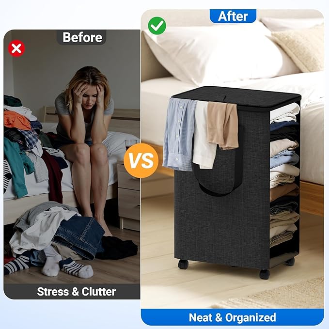 Laundry Basket with 5 Wheels, Tall Dirty Laundry Hamper, Rolling Laundry Basket with Lid, Large 100L Collapsible Clothes Hamper for Laundry Room Bedroom Bathroom Dorm, Dark Gray