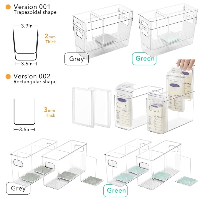 Ugotfeels Breastmilk Storage Container with L Shaped Separator Boards, Dividers Will Flatten Standing Breast Milk Bags in Organizer Bins Save Refrigerator Space | 2 Containers-Gray
