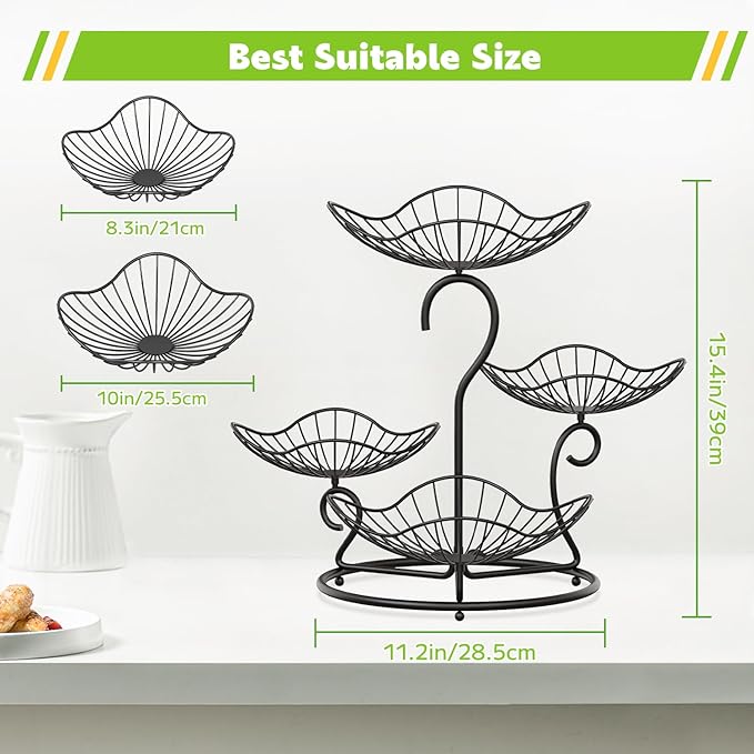 PouHenier.jh 4 Tier Fruit Basket Stand for Counter, Kitchen Tiered Fruit Bowl Organizer for Dining Table Countertop, Multi Level Fresh Produce and Vegetable Holder Rack, Sturdy Metal Wire, Black
