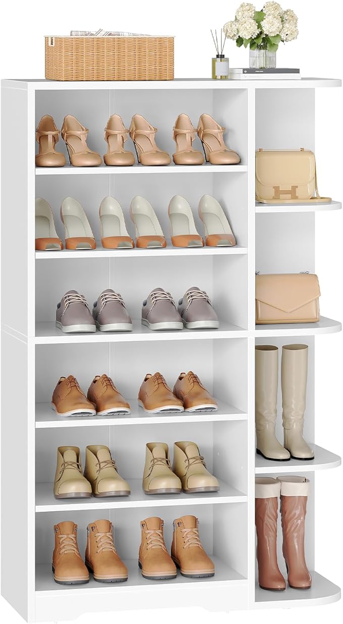 YATINEY Tall Shoe Rack, Multifunctional Shoe Cabinet with Open Storage, Entryway Shoe Organizer for Closet, 7-Tier Wooden Shoe Storage Closet with Adjustable Shelves, White SC02WT