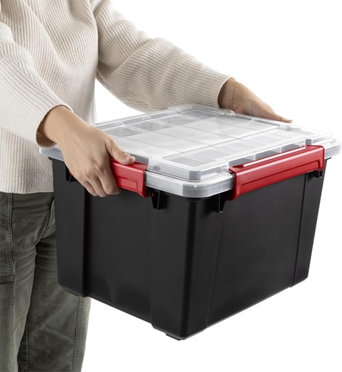 Sterilite 4 Pack Gasket Box, Stackable Plastic 13.5 Gallon Storage Container with Lids, Black - Waterproof and Dustproof Tote for Home Organization