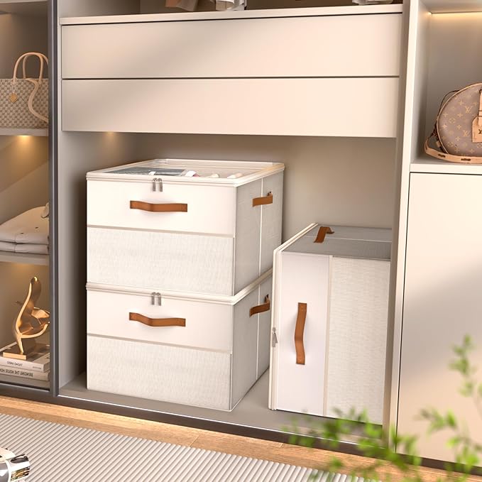 Shoe Organizer for Closet,2 Pack Foldable Shoe Storage Organizer Box Bin with Adjustable Dividers and Clear Cover, Fits up to 16-32 Pairs(Beige)