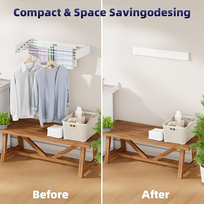 ZMBESUP Foldable Wall Mounted Laundry Drying Rack, 31.5 Inch Wide Space-Saving Clothes Drying Rack with 5 Aluminum Rods, 13.2 Linear Feet Drying Space, 60 lb Capacity,( White)