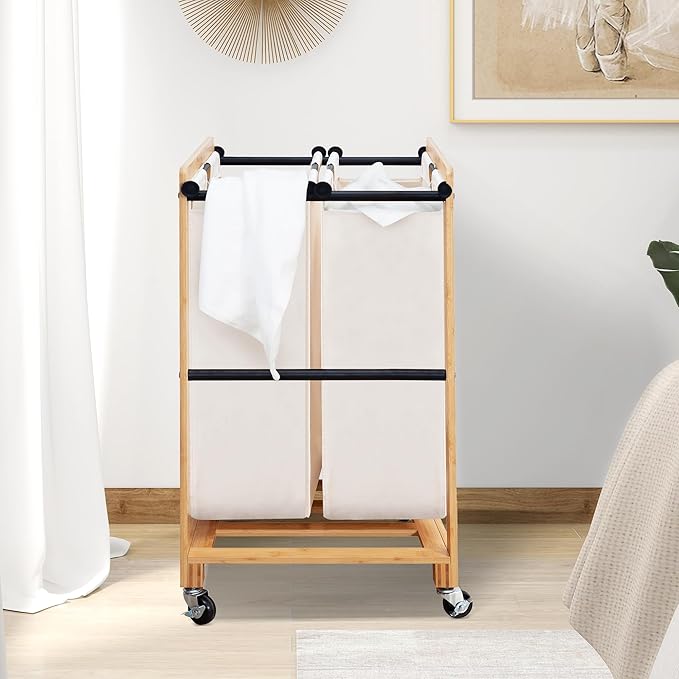 STO STO 2-Section Laundry Sorter with Bamboo Frame, Rolling Laundry Hamper Basket with Removable Bags and Lockable Wheels, Laundry Cart for Clothes Storage in Bedroom & Laundry Room, Beige
