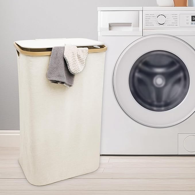 QUALIAZERO 87L Laundry Hamper with Lid โ Single Section Bamboo Frame Hamper with Removable Inner Bag & Pull-Tab Cover, Slim Design for Bedroom, Bathroom, or Laundry Room (FEATHER CREAM, SINGLE)