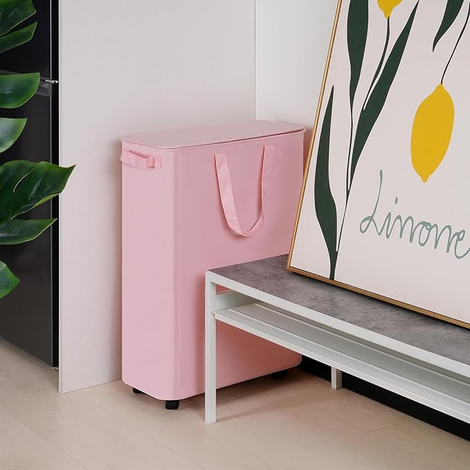 Vincona Slim Laundry Hamper with Lid and Wheels, Small Rolling Laundry Basket with Handle for Small Spaces, Tall Dirty Clothes Hampers for Dorm, Bathroom and Bedroom, 75L, Pink