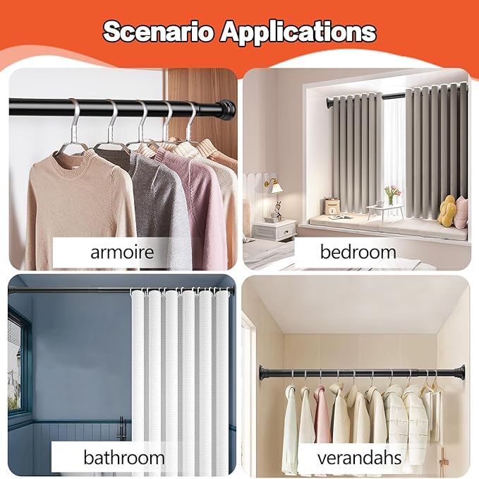 Closet Rod, 30 to 42 Inch Adjustable Closet Rods for Hanging Clothes Heavy Duty Closet Hanging Rod Matte Black Closet Poles for Wardrobes with No Drilling Holder
