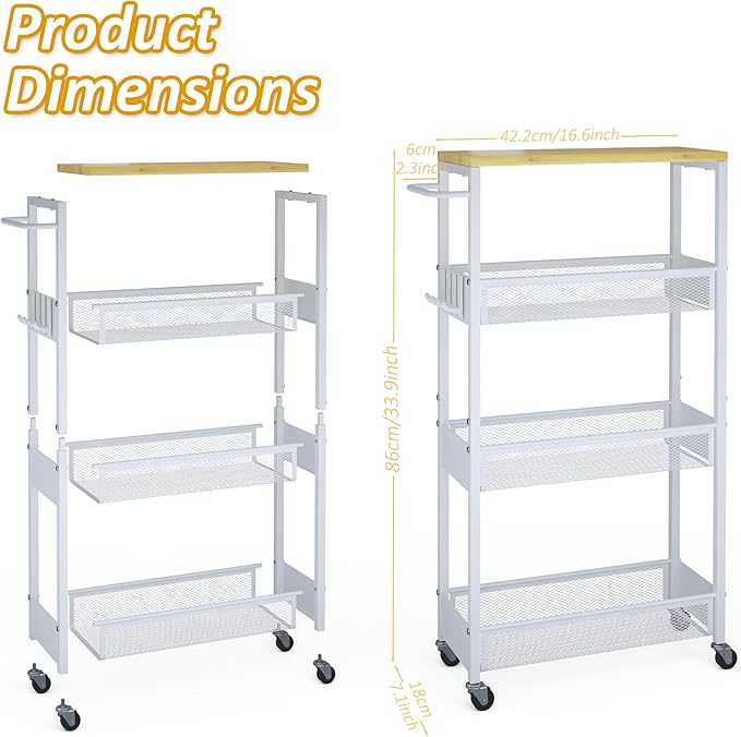 Vincona Slim Storage Cart on Wheels, 4 Tier Metal Narrow Rolling Cart with Handle and Wood Top, Multifunctional Small Mobile Shelf Unit Organizer Trolley for Laundry, Bathroom, Kitchen