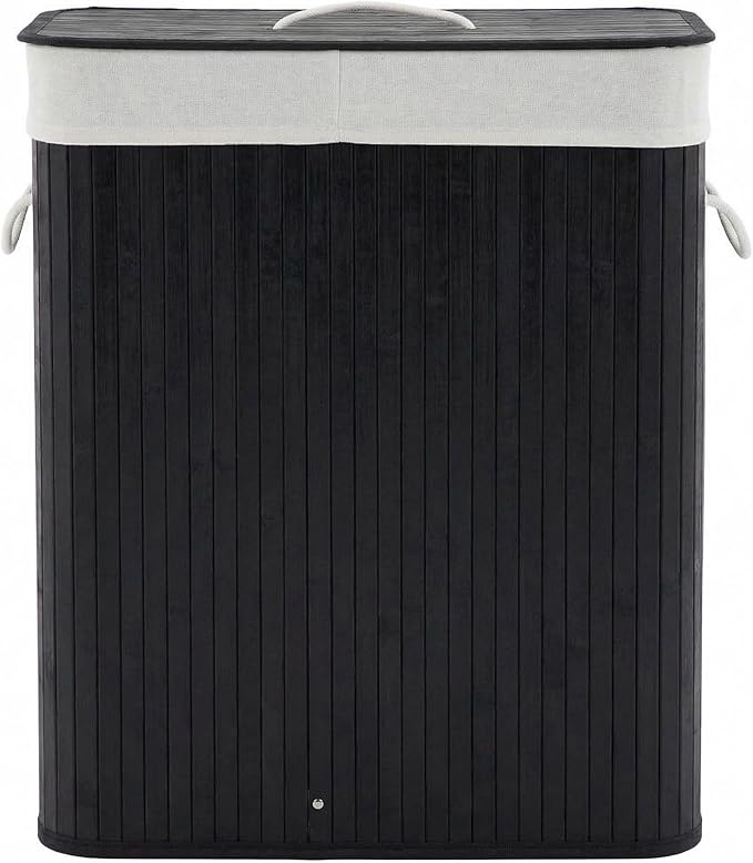 GarveeHome Folding Bamboo Laundry Hamper with Lid, 27.5 Gallon Wooden Laundry Basket with Washable Liner Bag, Slim Clothes Storage Hamper for Small Bedrooms Apartments Dorms (Black - Rectangle)