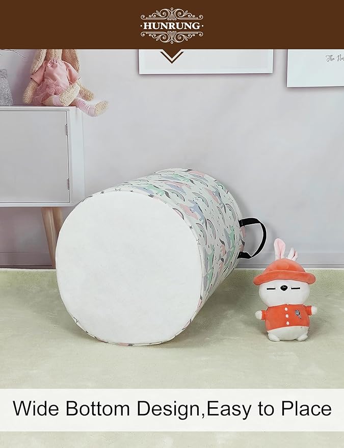 HUNRUNG Collapsible Fabric Storage Basket, Waterproof Laundry Hamper with Handles, Round Storage Bin for Clothes Toys, Foldable Organizer for Bedroom Nursery Bathroom(Round-Star Unicorn)