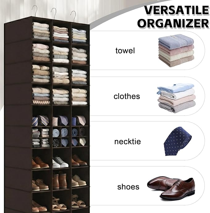 coastal rose Hanging Shoe Closet Organizer, 30 Sections Hanging Closet Organizers and Storage Shelves, Space Saving Shoe Rack Holder Hanger, Coffee
