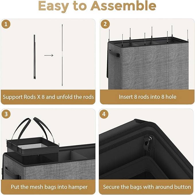 Optish 180L Laundry Hamper 3 Section, Large Laundry Hamper with Lid, Dirty Clothes Hampers with Handles, Laundry Basket Organizer for Laundry, Bedroom, Bathroom, Laundry Sorter Baskets, Grey