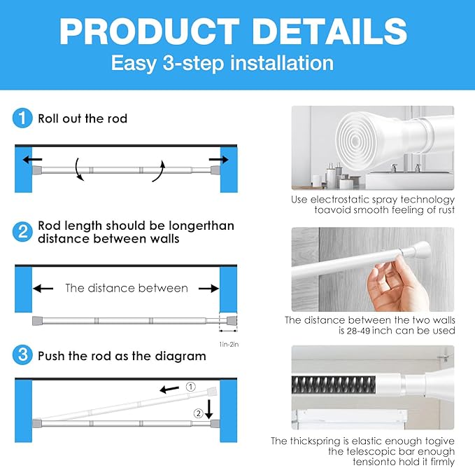 1 Pack Spring Tension Rods 28-49 Inches, 7/8 Inch Diameter White No Drill Spring Loaded Adjustable Extendable, Small Short Tension Curtain Rod for Windows Kitchen Doorway Closet Cupboard