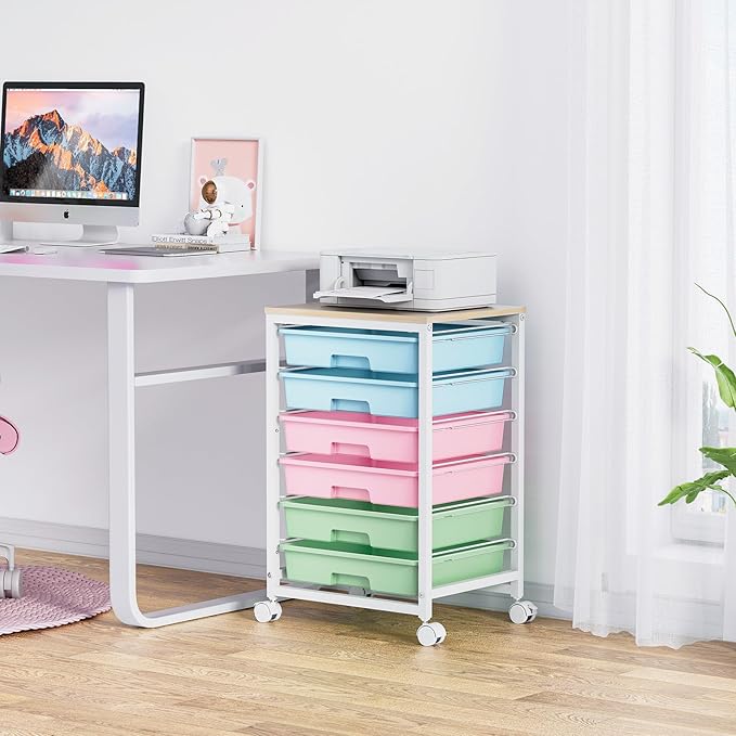 SYKIARIOL Rolling Cart with Drawers,Utility Cart with 6 Drawers,Rolling Storage Cart with Drawers and Wooden Tabletop & Lockable Wheel,Colorful