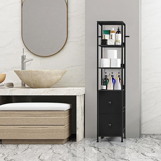 Tall Bathroom Storage Cabinet Slim Bathroom Floor Cabinet Narrow Freestanding Floor Cabinet with 2 Drawer, for Small Space, Living Room, Home Office, Black, 11.8" D x 11.8" W x 55.8" H