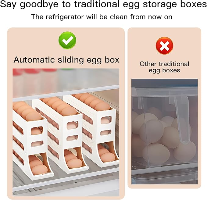 Automatic Rolling Egg Storage For Refrigerator, Fridge Organizer, Space Saving Refrigerator Egg Holder For Fridge ,Egg roller holds 28 Eggs,for Refrigerator,Kitchen,Cabinets,Tabl (White)