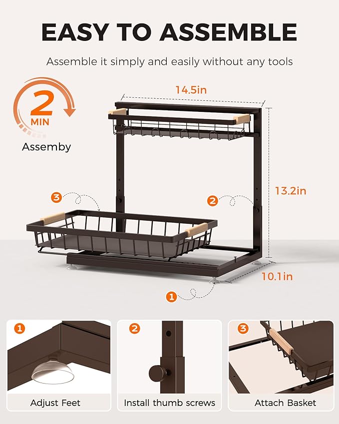 Sevenblue 3 Pack Under Sink Organizer, Multi-Purpose 2 Tier Pull-Out Metal Under Kitchen Sink Organizer, Height Adjustable Storage Shelves for Kitchen Bathroom Cabinet