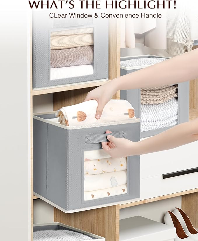 Homsorout Bins for Closet Organization - Cubby Storage Organizer with Window, Closet Baskets for Shelves, Folding Cubes for Storage, Storage Bins for Home, 11inch, Set of 8, Grey