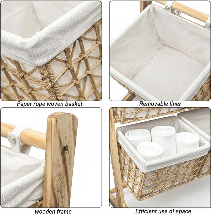 Large Capacity 3-Tier Storage wicker Shelf,Stackable multi-story storage baskets Laundry Hamper & Organizer for Kids' Toys Clothes and Snacks,Multipurpose Rattan Corner Rack for Kitchen Office Garage