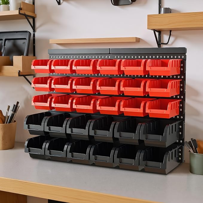 Wall Mounted Storage Bins, Nut and Bolt Organizer, Plastic Bolt Bin, Screw Organizer, Storage Bins for Garage (RED+BLACK, SMALL(30PCS))