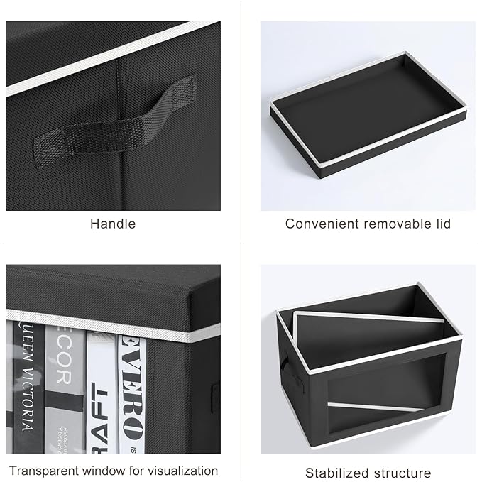 Homsorout Foldable Storage Box with Lid - Closet Storage Organizer with Window, Storage Bins with Lids for Clothes, Fabric Storage Baskets for Shelves, Bedroom, Dorm, Black, 4 Pack