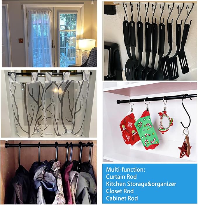 4 Pack Tension Curtain Rod 15.7-28 Inch, Small Short Adjustable Extendable Spring Loaded Rods for Windows Cabinet Blinds Closet Bedroom Kitchen Bathroom Door No Drilling, Black