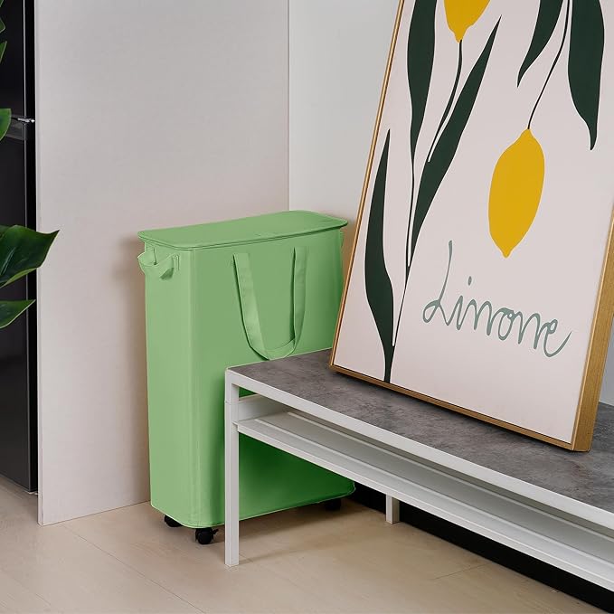 Vincona Slim Laundry Hamper with Lid and Wheels, Small Rolling Laundry Basket with Handle for Small Spaces, Tall Dirty Clothes Hampers for Dorm, Bathroom and Bedroom, 55L, Soga Green