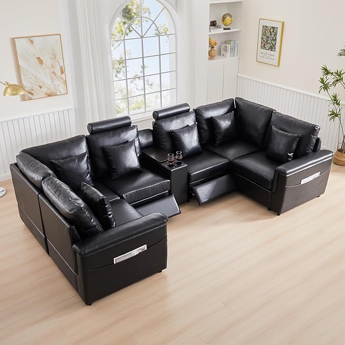 LEVNARY 6-Seat U Shaped Modular Sectional Sofa with Power Recliners, Upholstered Faux Leather Couch Storage Console with Charging Ports & Cup Holders, Living Room Couch Set for Home Office (Black)