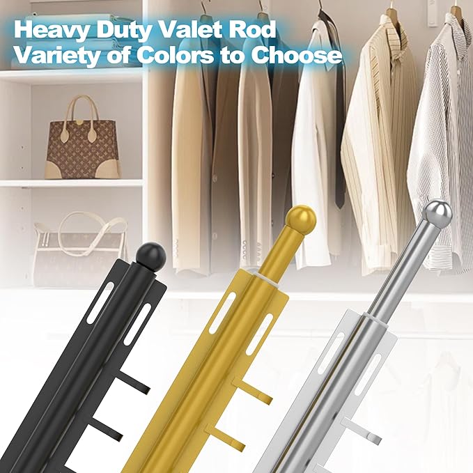 Valet Rod for Closet Retractable with 4 Hooks, 13.4"-23.2" Pull Out Clothes Hanger Rail, Heavy Duty Alloy Steel Side Mount Wardrobe Bar, Adjustable Organizer for Laundry, Bathroom, Entrance (Black)