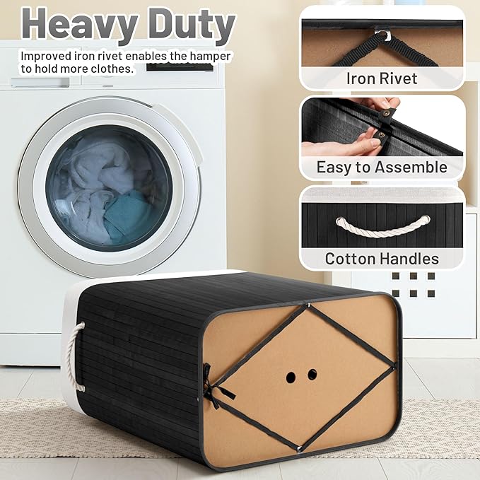 Aliphon 150L Laundry Hamper with lid, 3-Section Clothes Laundry Basket with Handles, Large Collapsible Bamboo Baskets for Bedroom, Bathroom, Dorm, Ink Black
