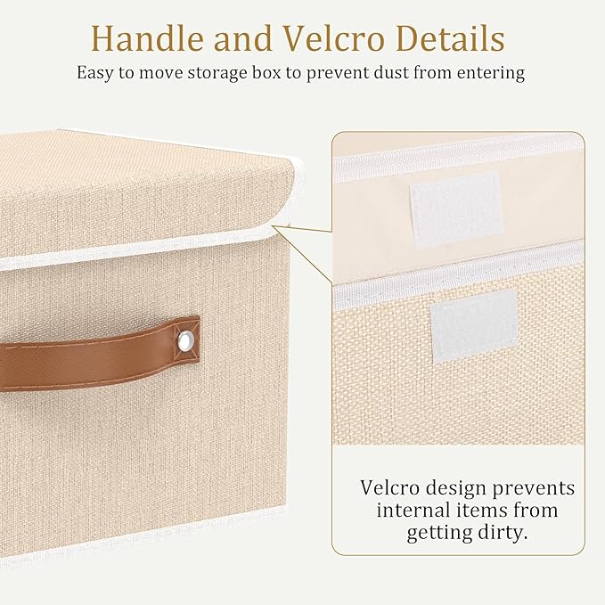 OUTBROS Collapsible Storage Cubes with Lid, Linen Fabric Wardrobe Baskets, Large Box For Towels, Clothes, 15 x 9.8 x 9.8 inch, Beige, 3-Pack