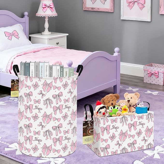 HUNRUNG Collapsible Fabric Storage Basket, Waterproof Laundry Hamper with Handles, Round Storage Bin for Clothes Toys, Foldable Organizer for Bedroom Nursery Bathroom(Round-Pink Bow)